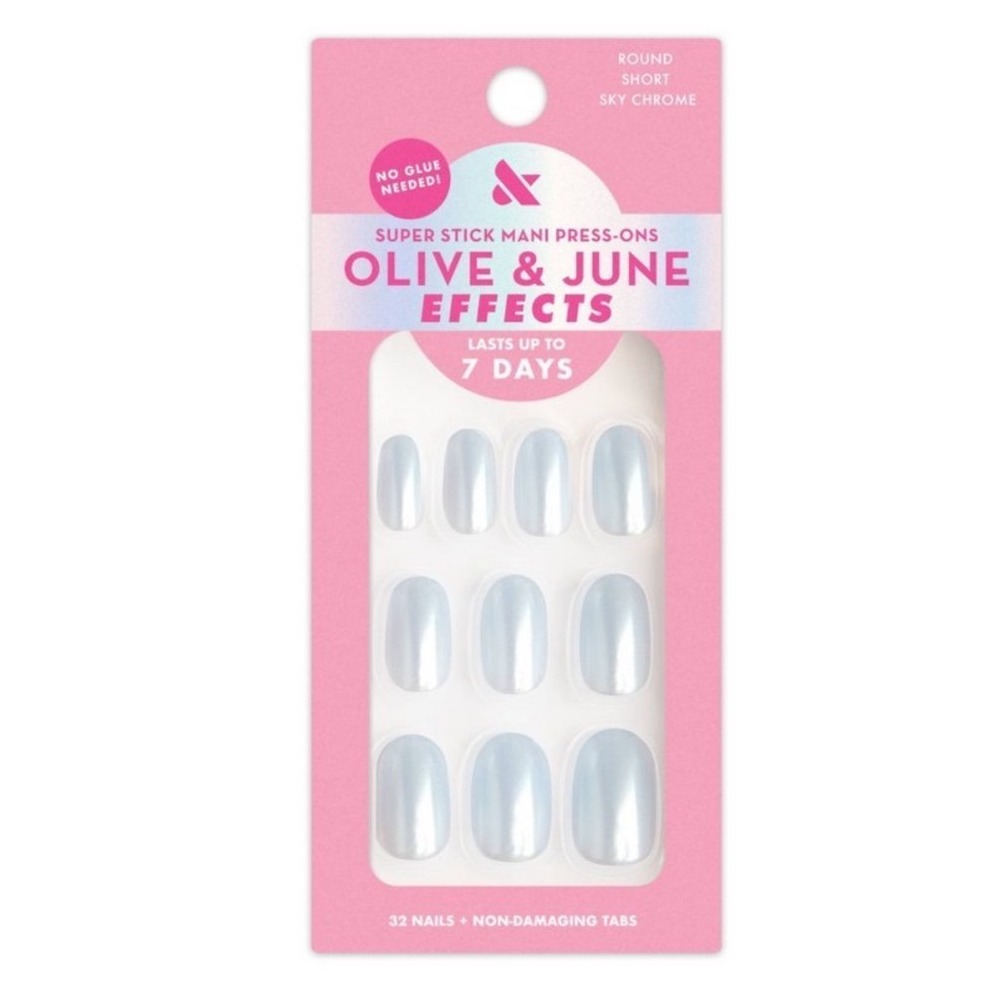 Olive & June Super Stick Mani Press-Ons Sky Chrome Round Short 32 Nails No‎ Glue